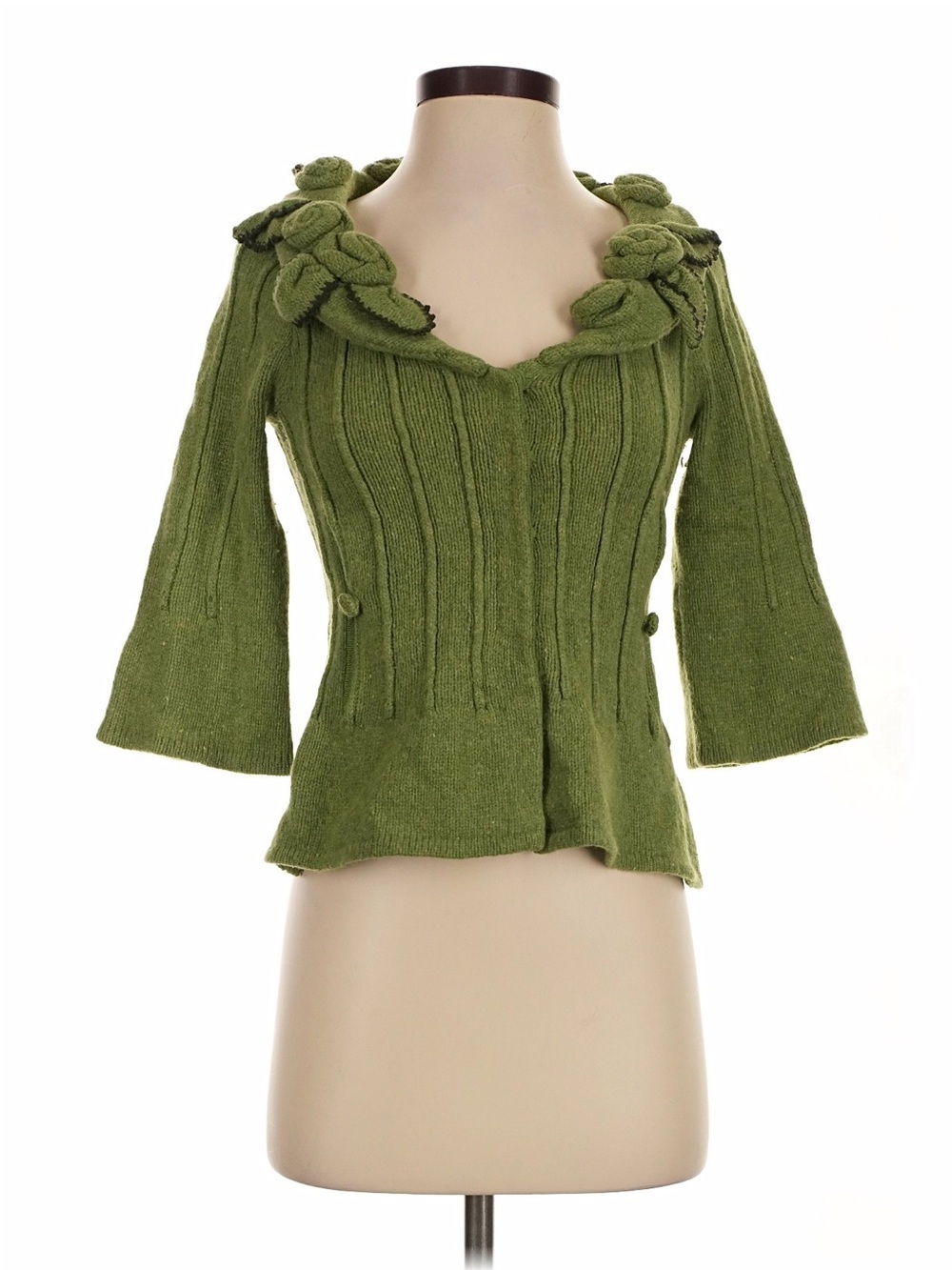 Anthropologie Olive Green Knit Floral-Collar Cardigan